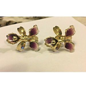 Vintage Orchid Flower Floral Purple Enamel Gold Tone ScrewOn Back Earrings Retro